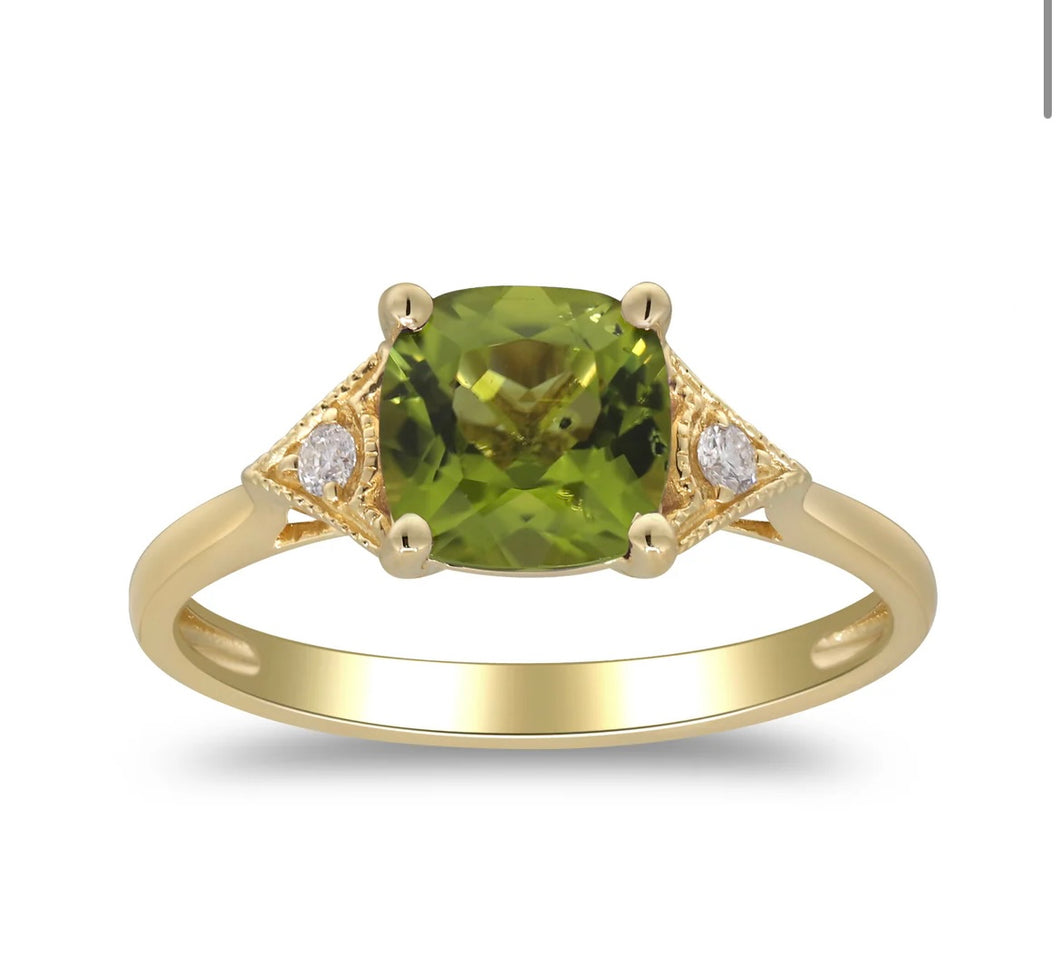 14k Yellow Gold Peridot Ring with Diamonds