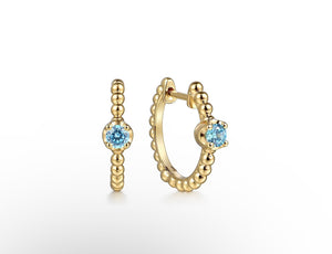 14k Yellow Gold Blue Topaz Huggie Earrings