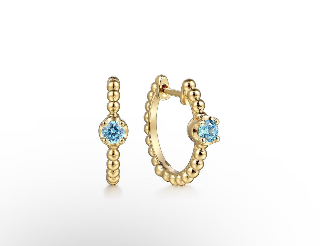 14k Yellow Gold Blue Topaz Huggie Earrings