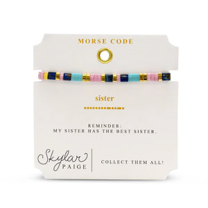 Skylar Paige - SISTER - Morse Code Tila Beaded Bracelet - Tried and True Turk Lav and Blue