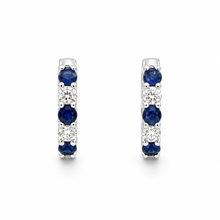 Load image into Gallery viewer, 14k White Gold Sapphire Huggies with Diamonds

