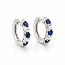 Load image into Gallery viewer, 14k White Gold Sapphire Huggies with Diamonds
