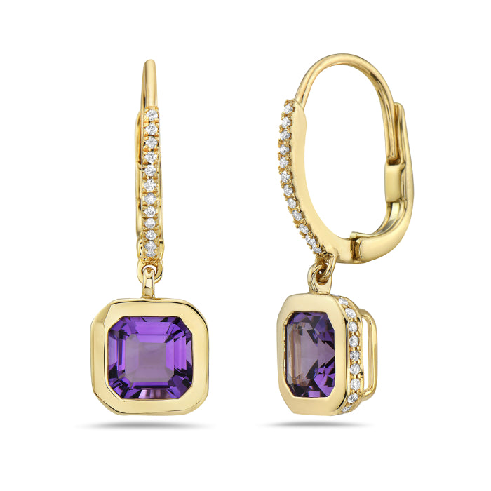 14k Yellow Gold Amethyst Earrings with Diamonds