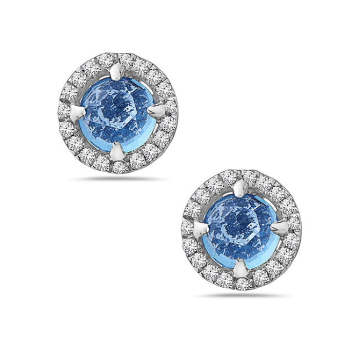 14k White Gold Blue Topaz Earrings with Diamonds