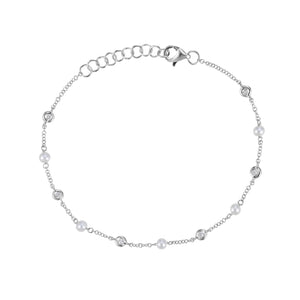 14k White Gold Pearl and Diamond Station Bracelet