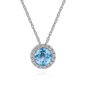 14k White Gold Blue Topaz Necklace with Diamonds