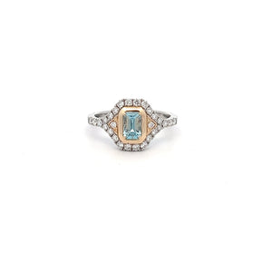 14k Two Tone Aquamarine Ring with Diamonds