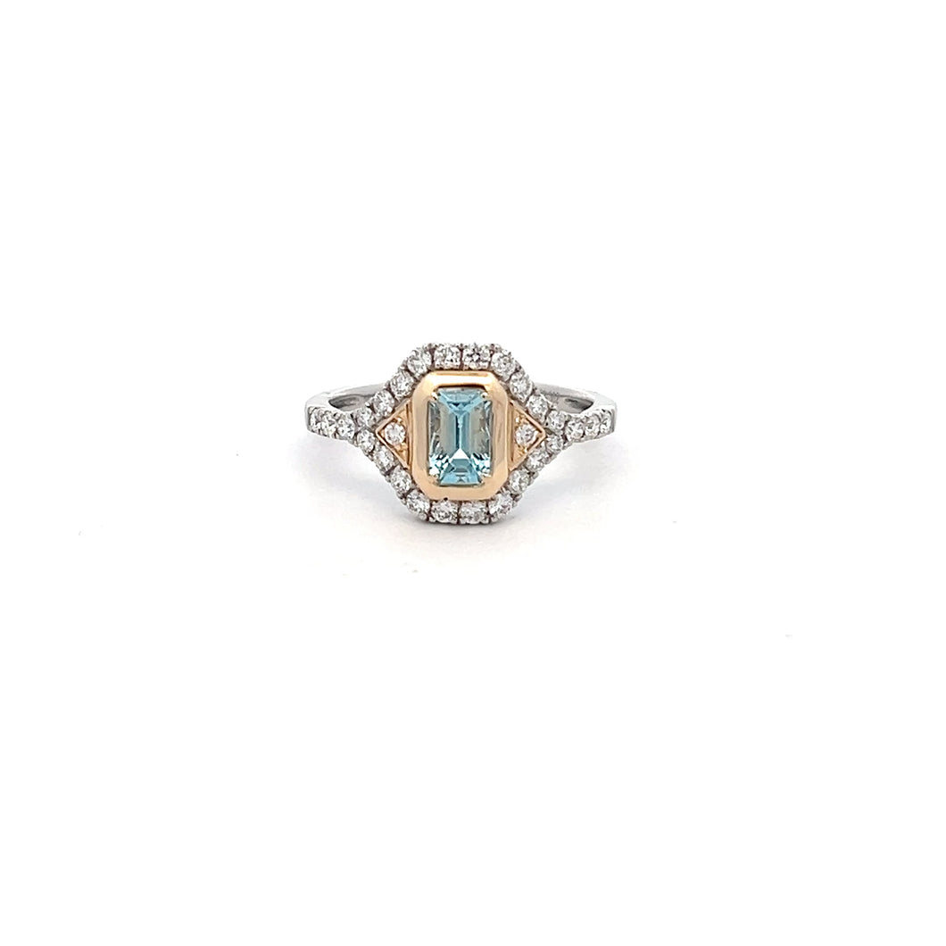 14k Two Tone Aquamarine Ring with Diamonds