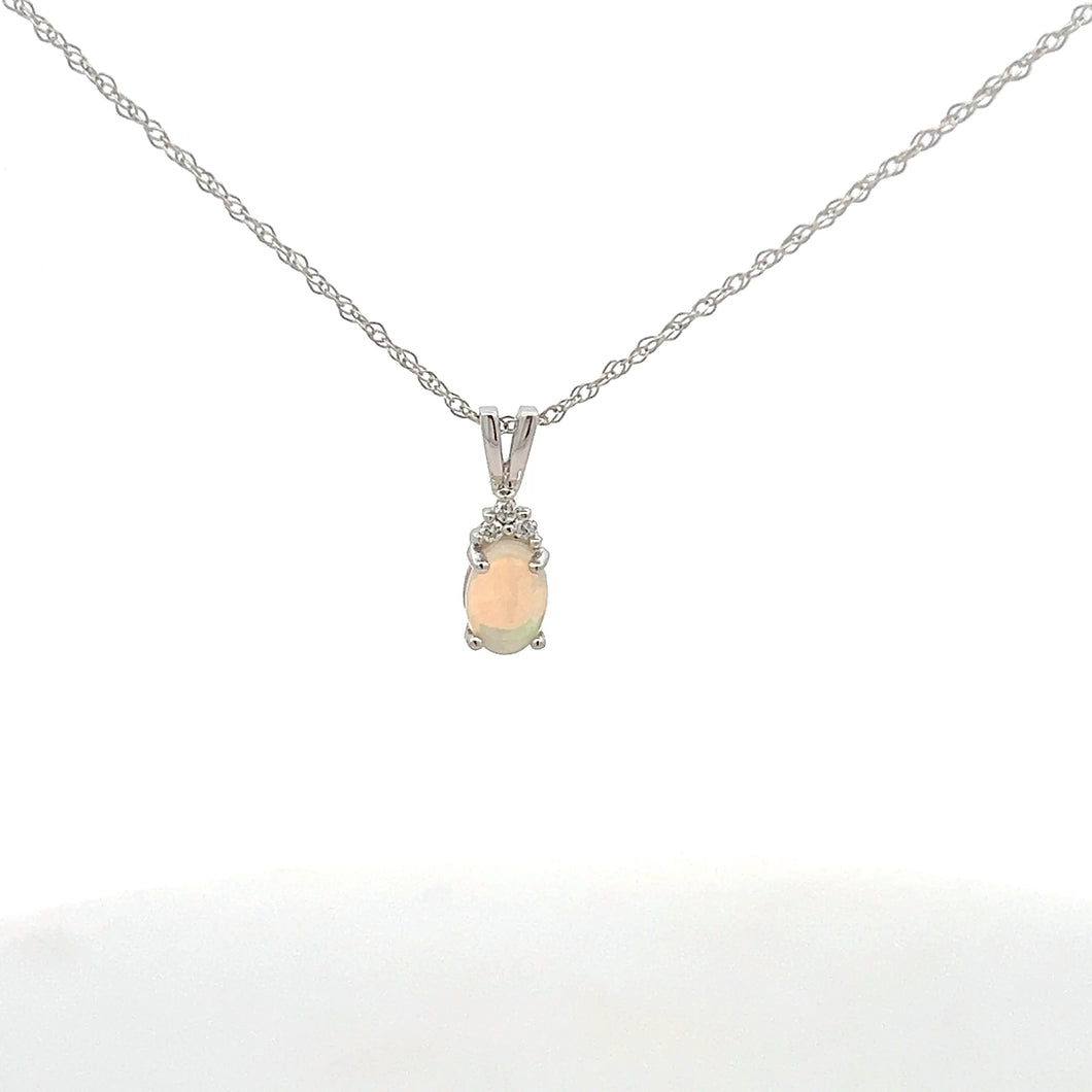 14k White Gold Opal Necklace with Diamonds