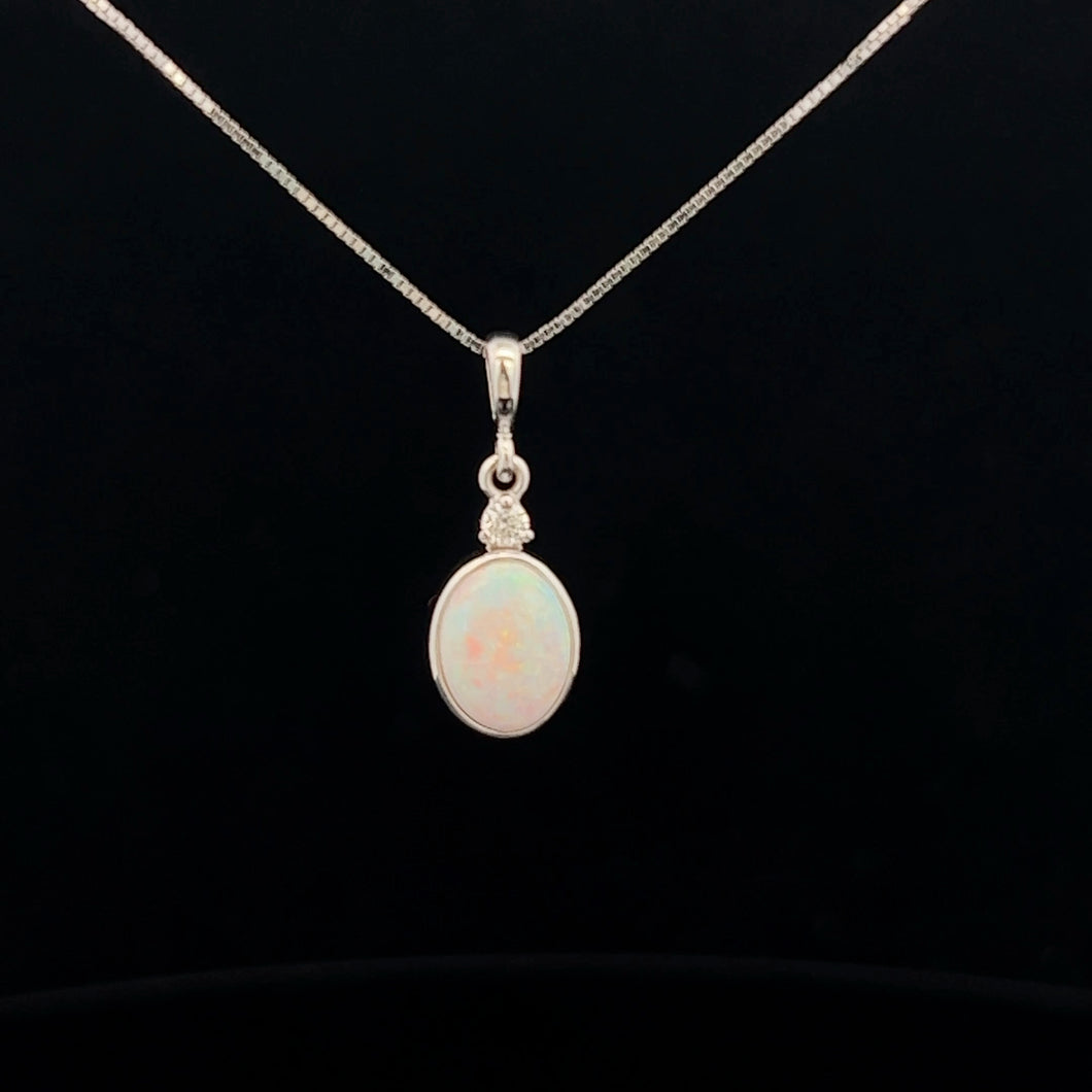 14k White Gold Opal and Diamond Pendant