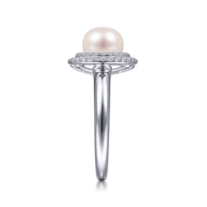 14k White Gold Pearl Ring with Diamonds