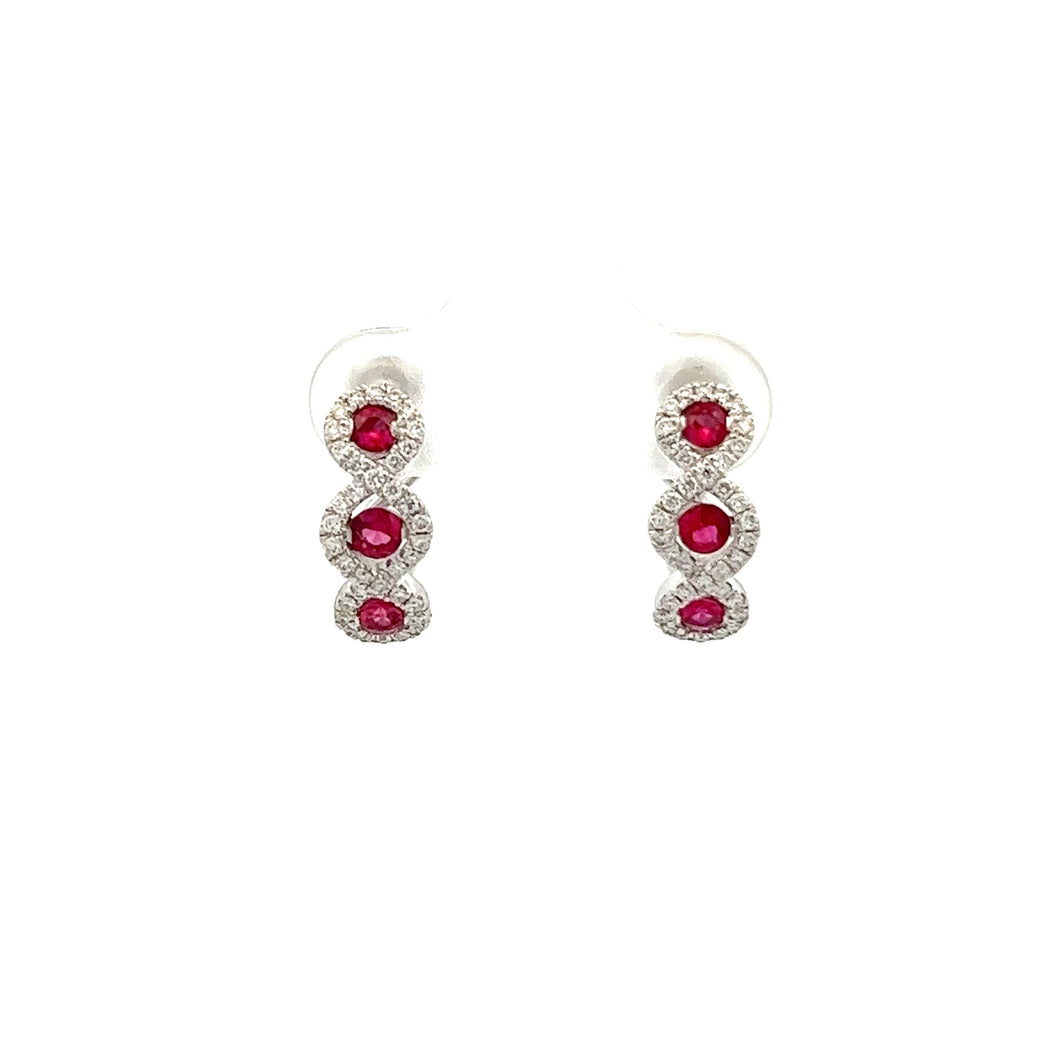 18k White Gold Ruby Huggies with Diamonds