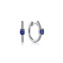 Load image into Gallery viewer, 14k White Gold Sapphire Huggie Earrings with Diamonds

