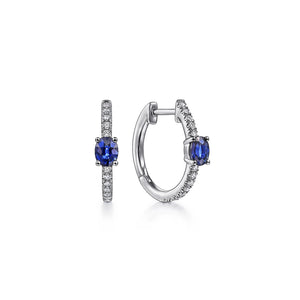 14k White Gold Sapphire Huggie Earrings with Diamonds