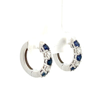 Load image into Gallery viewer, 14k White Gold Sapphire Huggies with Diamonds
