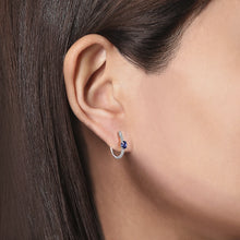 Load image into Gallery viewer, 14k White Gold Sapphire Huggie Earrings with Diamonds
