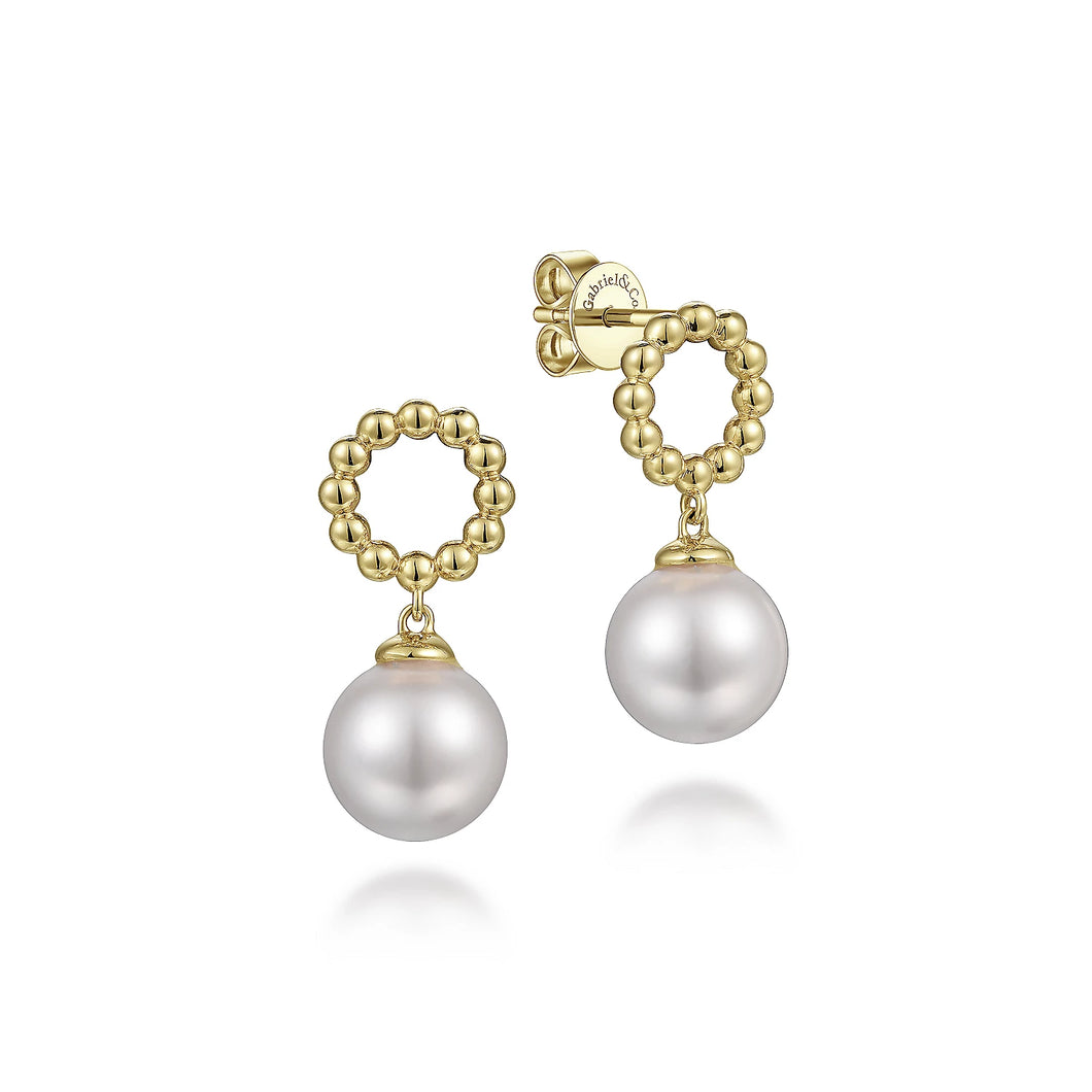 14k Yellow Gold Pearl Dangle Earrings