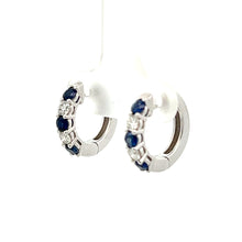 Load image into Gallery viewer, 14k White Gold Sapphire Huggies with Diamonds
