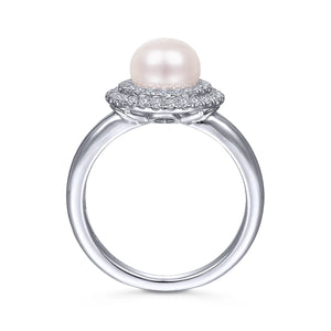 14k White Gold Pearl Ring with Diamonds